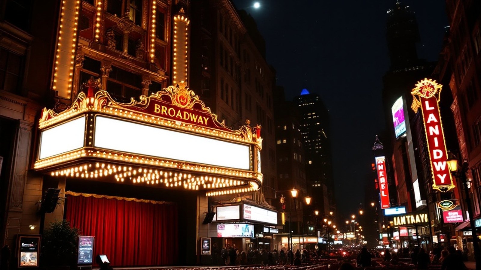 A lit Broadway marquee glowing over the theatre district at night, warm bulbs against a near-black sky