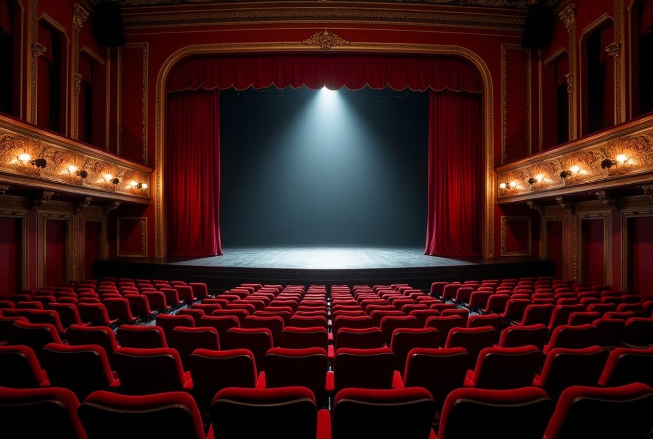 An empty theatre auditorium of red velvet seats viewed from the stage under low house light