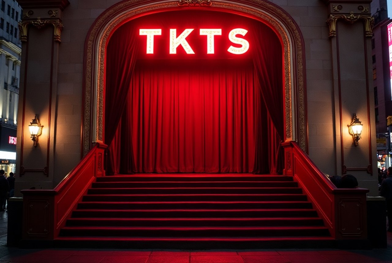 The red TKTS stairs glowing above a crowd in Times Square at dusk