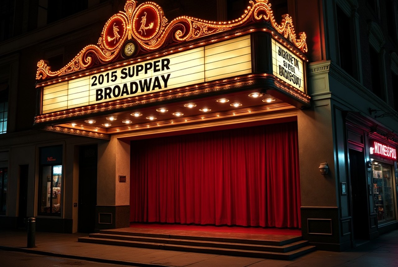 A vintage Broadway theatre marquee lit against a dark Midtown street