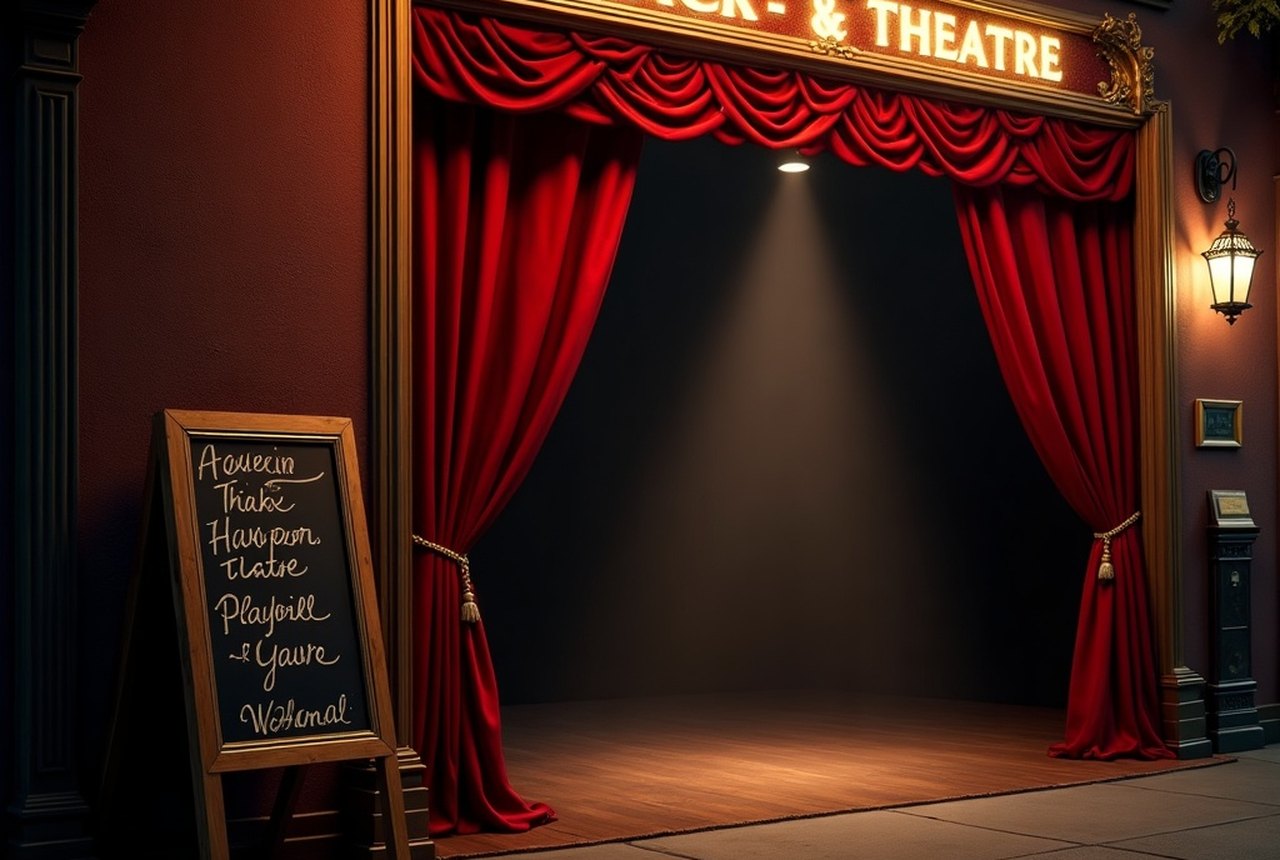 A hand-lettered chalkboard sign outside a small downtown black-box theatre