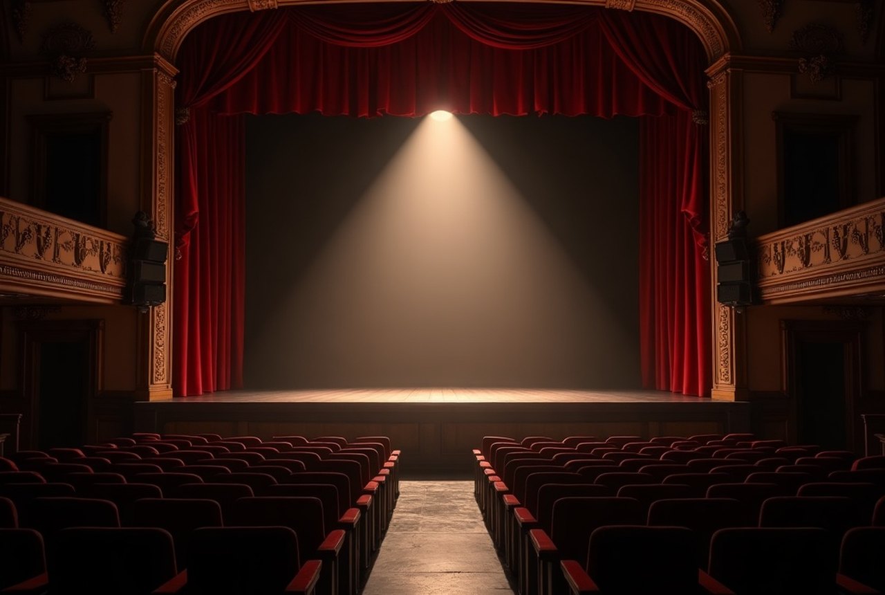 A single ghost light burning on a bare stage in an empty, darkened theatre