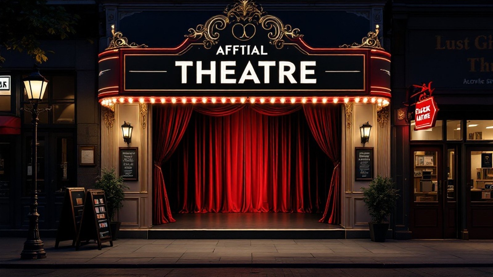 Exterior of a small downtown black-box theatre entrance, chalked or hand-lettered signage