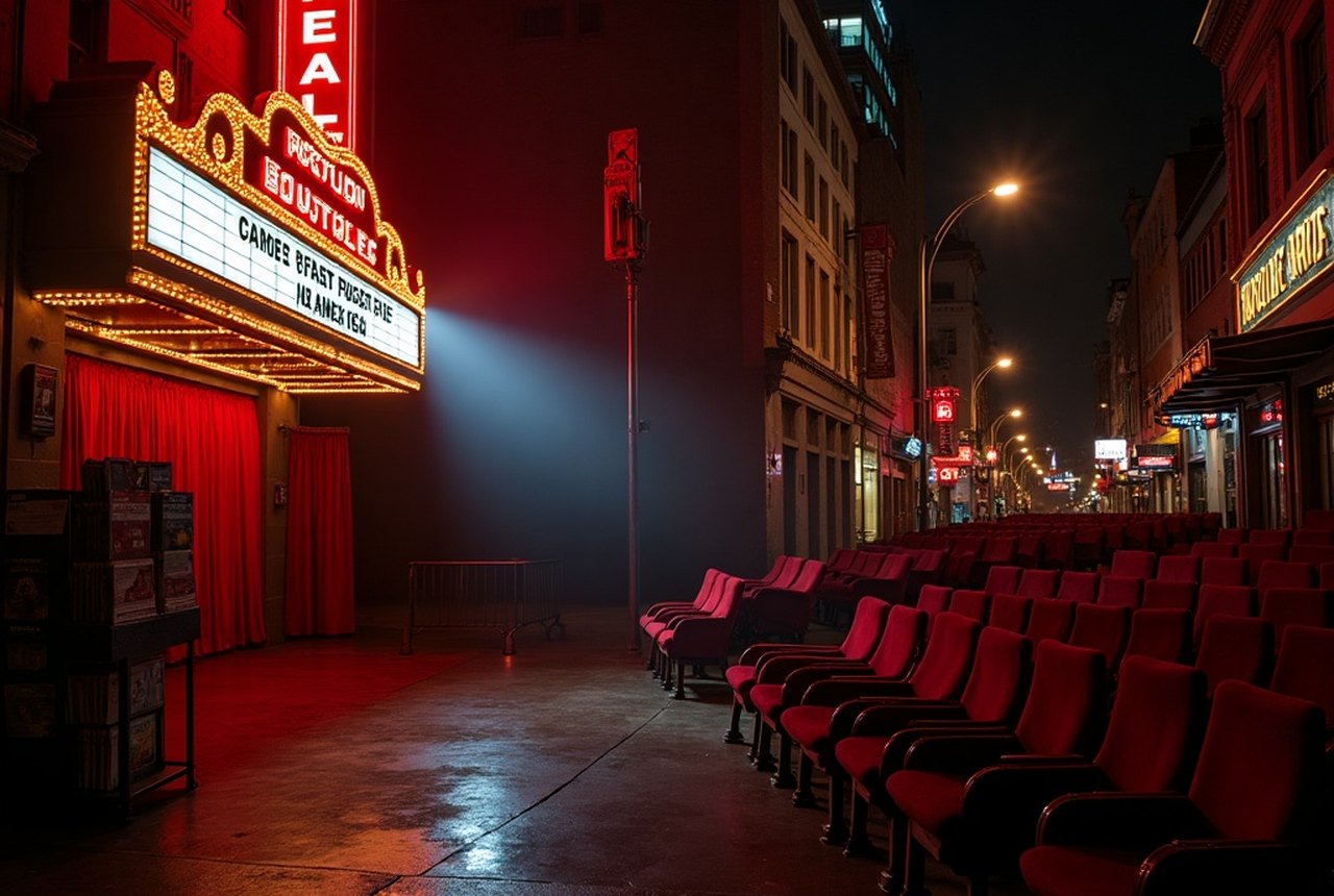 Times Square marquee lights contrasted with an intimate Off-Off storefront theatre