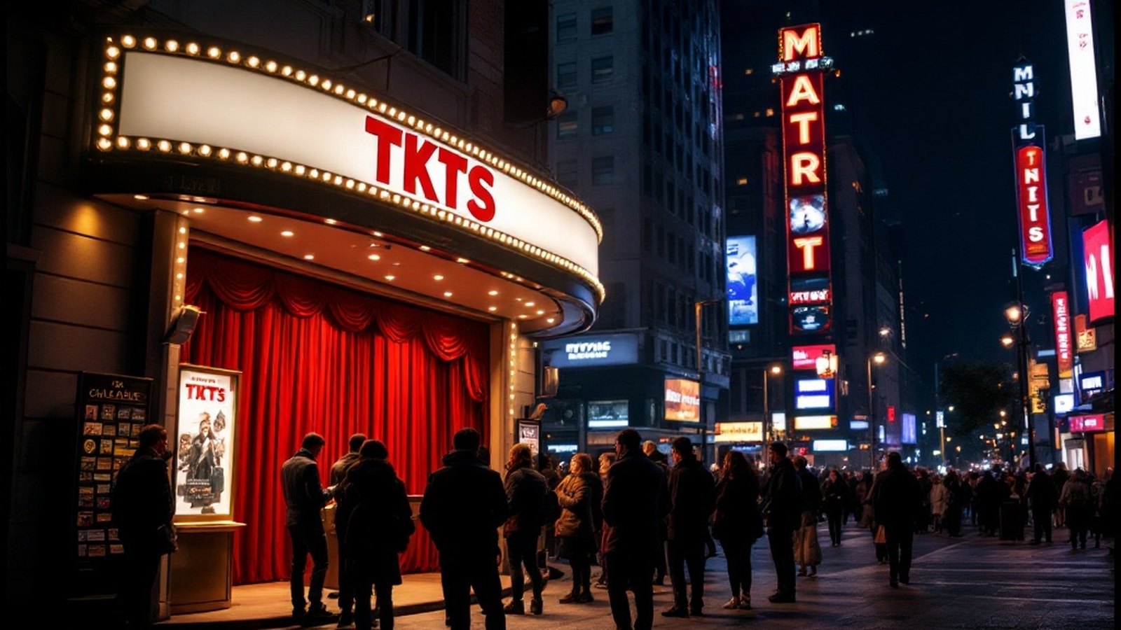 TKTS booth in Times Square, queue visible