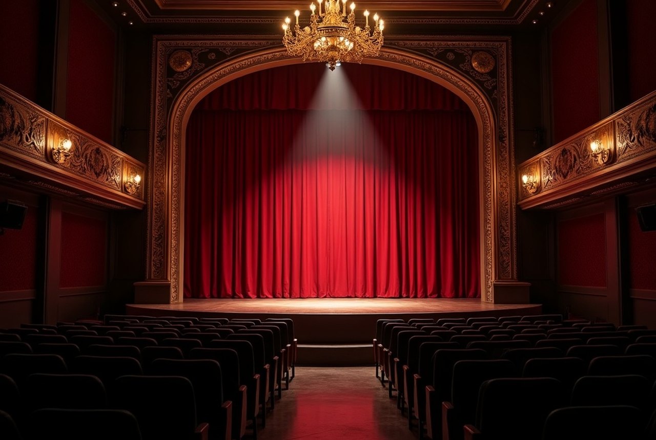 A black-box theatre interior, intimate seating
