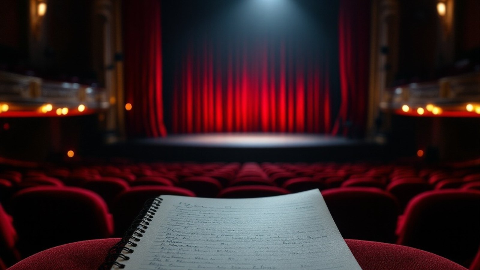 A critic's notebook resting on a theatre seat armrest, stage lights blurred in background