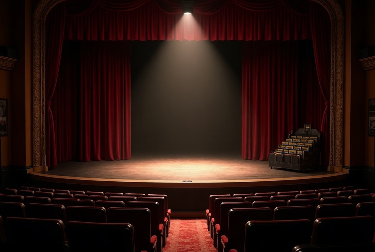A dimly lit Off-Broadway black-box stage, empty, from the back row