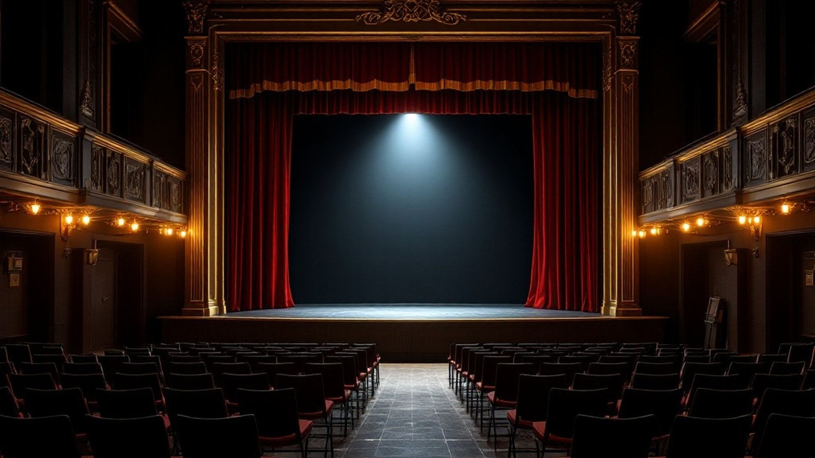 Interior of a spare black-box theatre, folding chairs arranged around a bare playing area