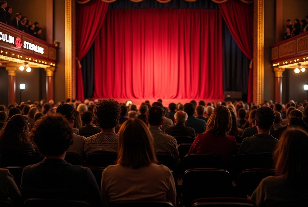 Audience filing into a small downtown venue, performer visible at edge of frame