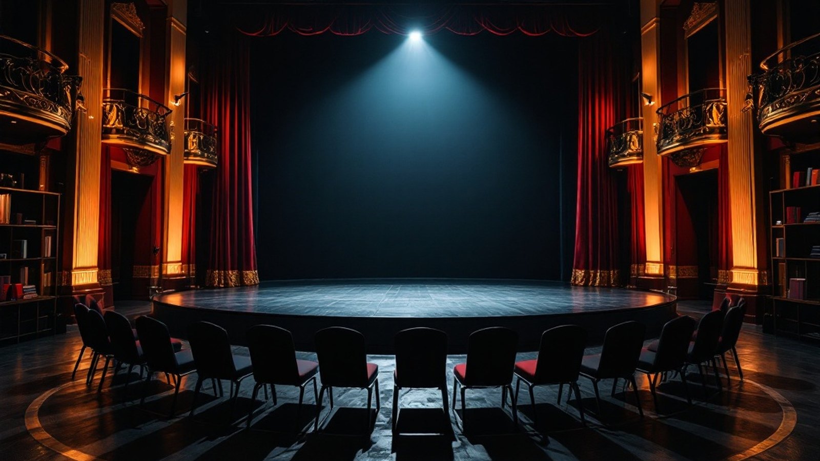 A near-empty black-box rehearsal space, chairs arranged in a circle