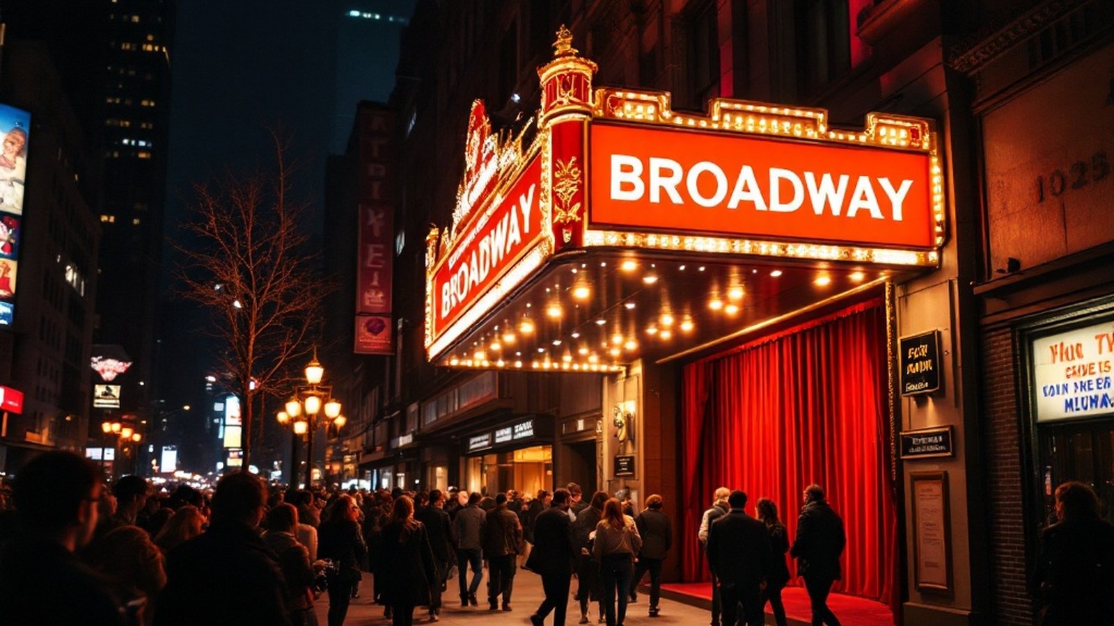 The exterior of a Midtown Broadway house at night, marquee lit, a crowd filing in from the sidewalk