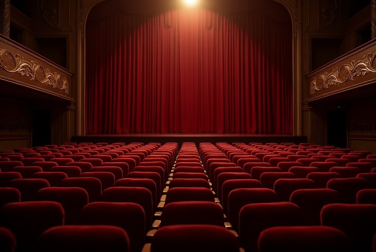 Rows of empty red velvet theatre seats seen from the stage under low, warm house light