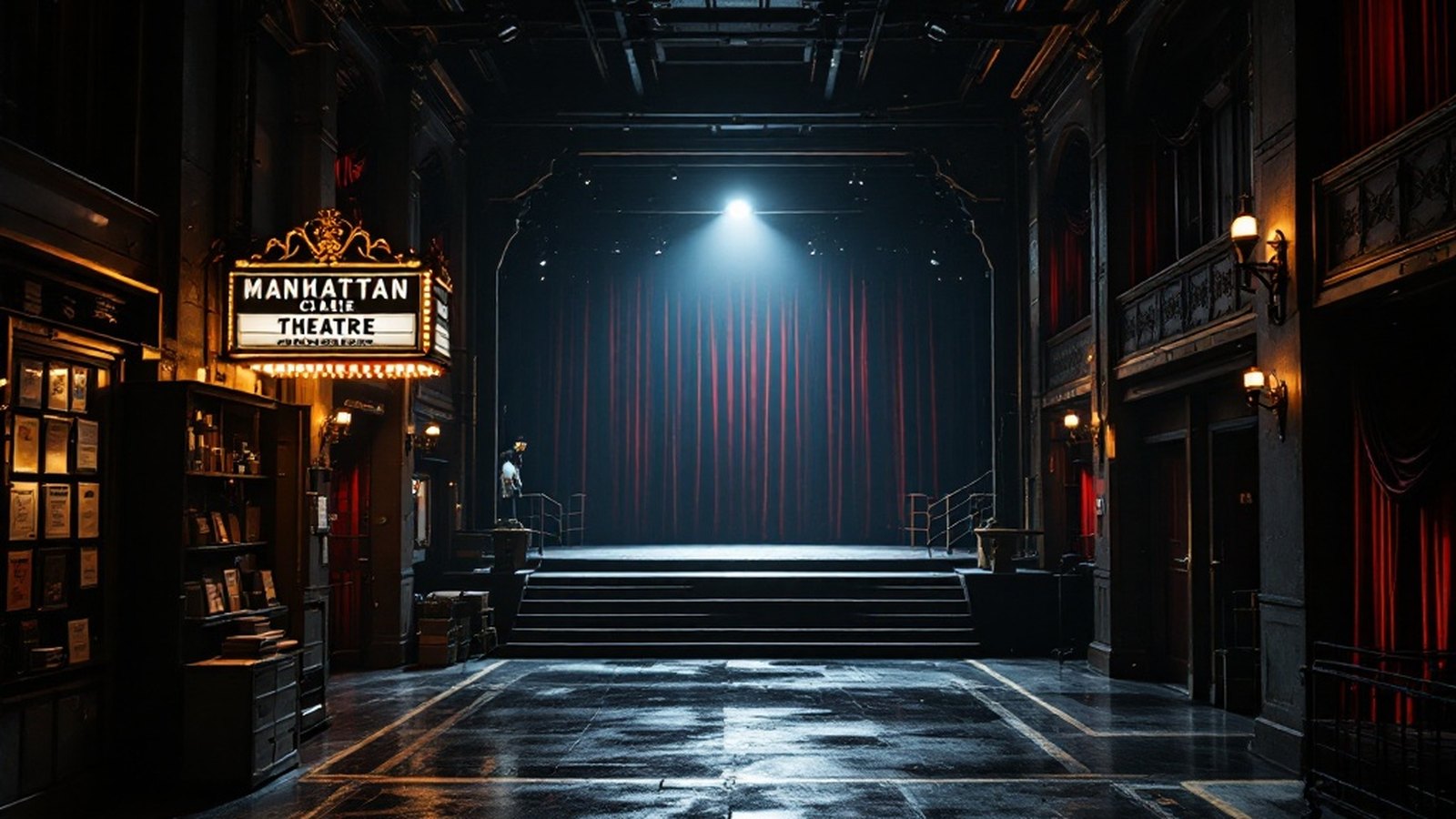 A busy backstage corridor or loading dock at a Manhattan theatre