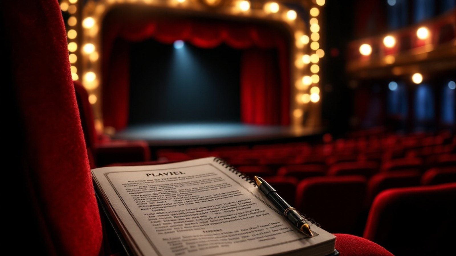 A critic's notebook resting on a red velvet theatre seat armrest, stage lights blurred beyond