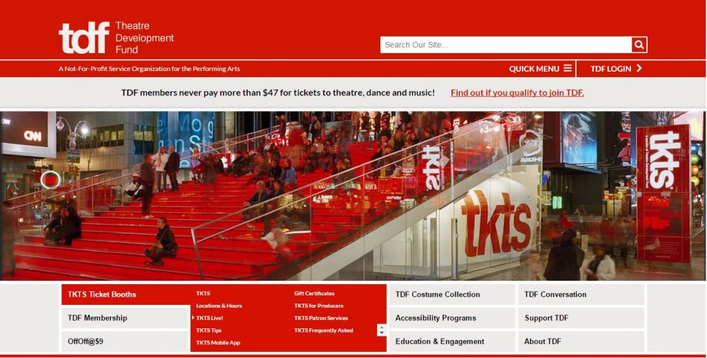 Ticketing website view of home screen